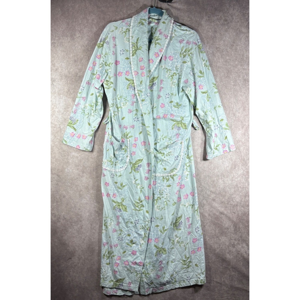 Anne Lewin Robe Womens Large Blue Floral Long Sleeve Lace Trim Cotton Blend